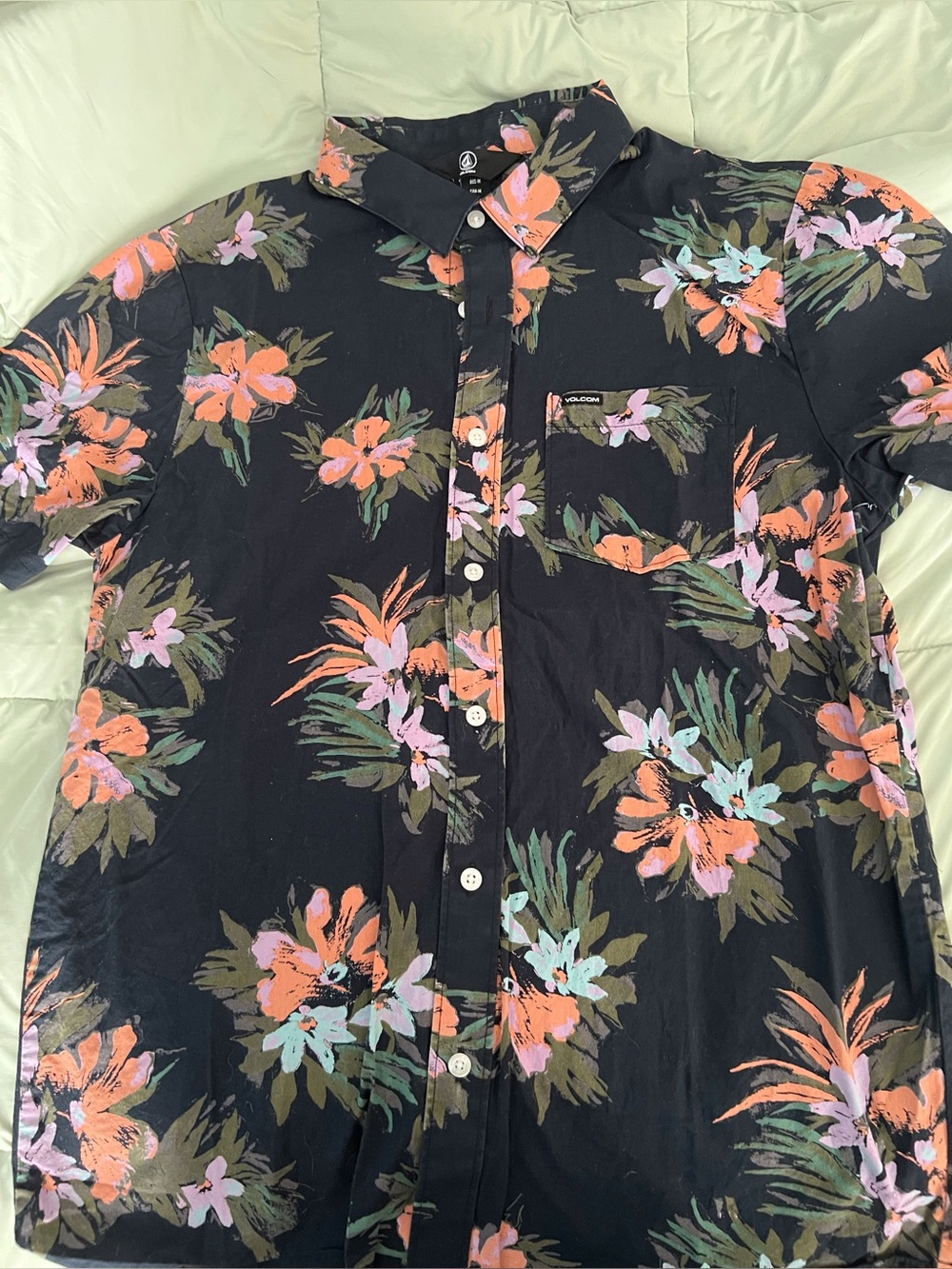 Volcom Black Floral Camp Shirt with Coral & Lavender Accents